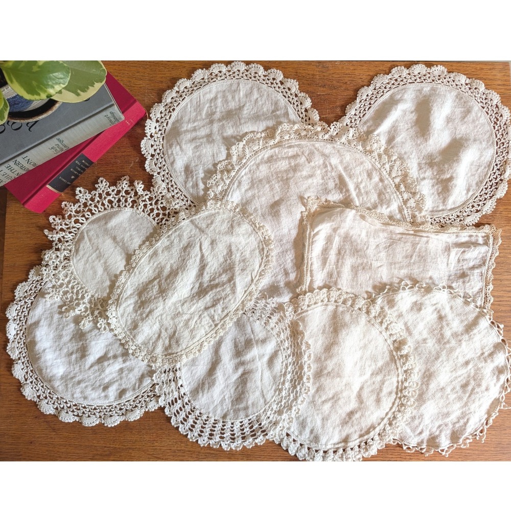 Lot of 10 Vintage Linen Doilies Hand Crocheted Lace Trim Off White Various Sizes